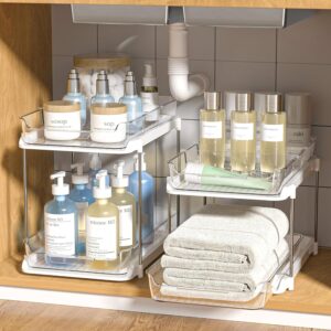 2 Sets of 2-Tier Multi-Purpose Bathroom Under Sink Organizers and Storage, Stackable Kitchen Pantry Organization, Pull Out Medicine Cabinet Organizer with 8 Movable Dividers
