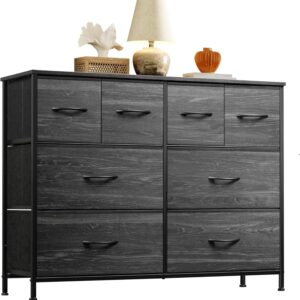 Dresser for Bedroom with 8 Drawers, Wide Fabric Dresser for Storage and Organization, Bedroom Dresser, Chest of Drawers for Living Room, Closet, Hallway, Charcoal Black Wood Grain Print