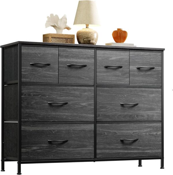 Dresser for Bedroom with 8 Drawers, Wide Fabric Dresser for Storage and Organization, Bedroom Dresser, Chest of Drawers for Living Room, Closet, Hallway, Charcoal Black Wood Grain Print