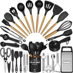 Kitchen Utensils Set- 34PCS Silicone Cooking Utensils with Holder,  Heat Resistant Kitchen Utensil Spatula Set for Nonstick Cookware, Black Wooden Handles Kitchen Gadgets Tools Set