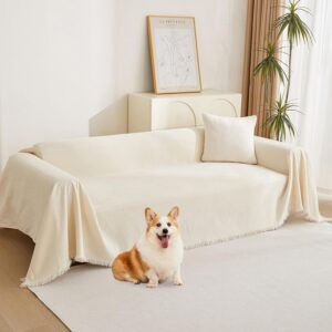 Loveseat Cover Beige Couch Cover Sectional Couch Covers for 2 Cushion Couch Sofa Thick Universal Chenille Sofa Cover with Tassel Durable Furniture Protector for Dogs 91" x 118"