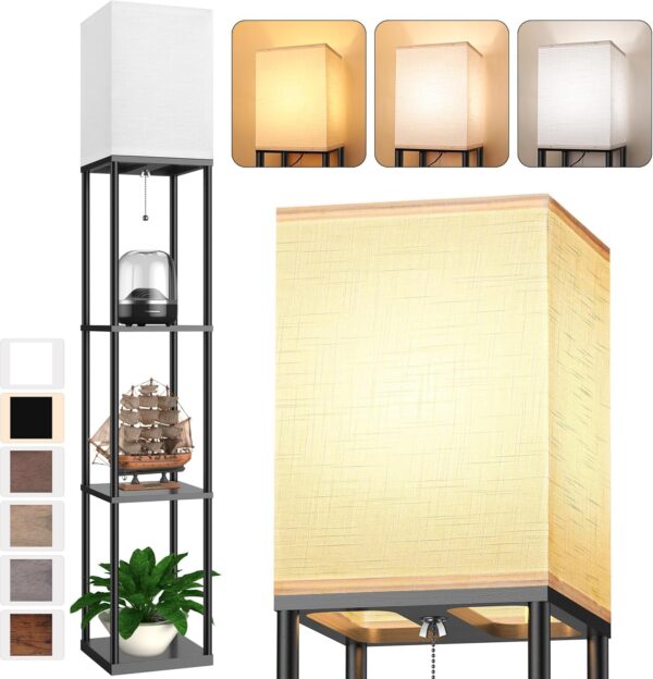 Floor Lamp with Shelves for Living Room, Shelf Floor Lamp with 3 CCT LED Bulb, Corner Display Standing Column Lamp  Organizer Tower Nightstand with White Linen Shade for Bedroom, Office