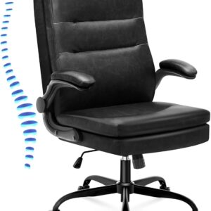 Office Chair Big and Tall,Executive Vintage Leather Ergonomic Desk Chair,High Back Adjustable Computer Chair with Springs Cushion,Flip-up Arms,Lumbar Support,Rocking Function(Marbling Black)