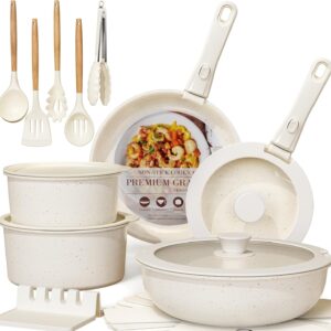 21 Pcs Pots and Pans Set Non Stick, Ceramic Cookware Set Detachable Handle, RV Kitchen Cooking Set Removable Handles, Oven Safe, Induction Ready, Stackable Non-stick Set, Cream White
