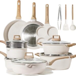 21Pcs Pots and Pans Set, Nonstick Cookware Sets, White Granite Induction Cookware Non Stick Cooking Set w/Frying Pans & Saucepans
