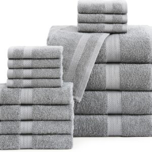 16 Pc Towels for Bathroom Set, 100% Cotton Mercerized, Highly Absorbent Bathroom Set (4 Bath Towels, 4 Hand Towels, 8 Washcloths) -Grey Towel Set