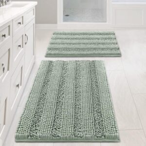 Sage Bathroom Rugs, Bath Mat Set of 2 Extra Thick Chenille Striped Pattern Shaggy Bath Rugs for Bath Room, Non Skid Bath Mats for Bathroom Floor (32 x 20 Plus 24 x 17 - Inches)