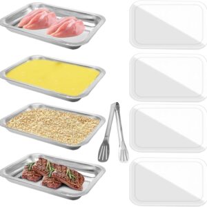 4 Pcs Breading Trays 10.4 x 7.7 x 1.9 Inch Food Prep Trays Stainless Steel Breading Pans with Lids and Tong for Dredging Chicken Breasts Marinating Meat and Serving Dishes