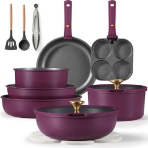 19pcs Pots and Pans Set, Nonstick Cookware Set Detachable Handle, Induction Kitchen Cookware Sets Non Stick with Removable Handle, RV Cookware Set, Gold and Purple